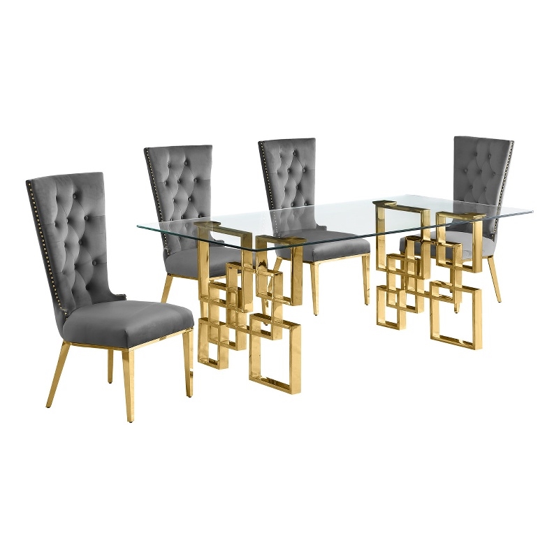 Best Quality Furniture 5pc Clear Glass Dining Set with Dark Gray Velvet Chairs