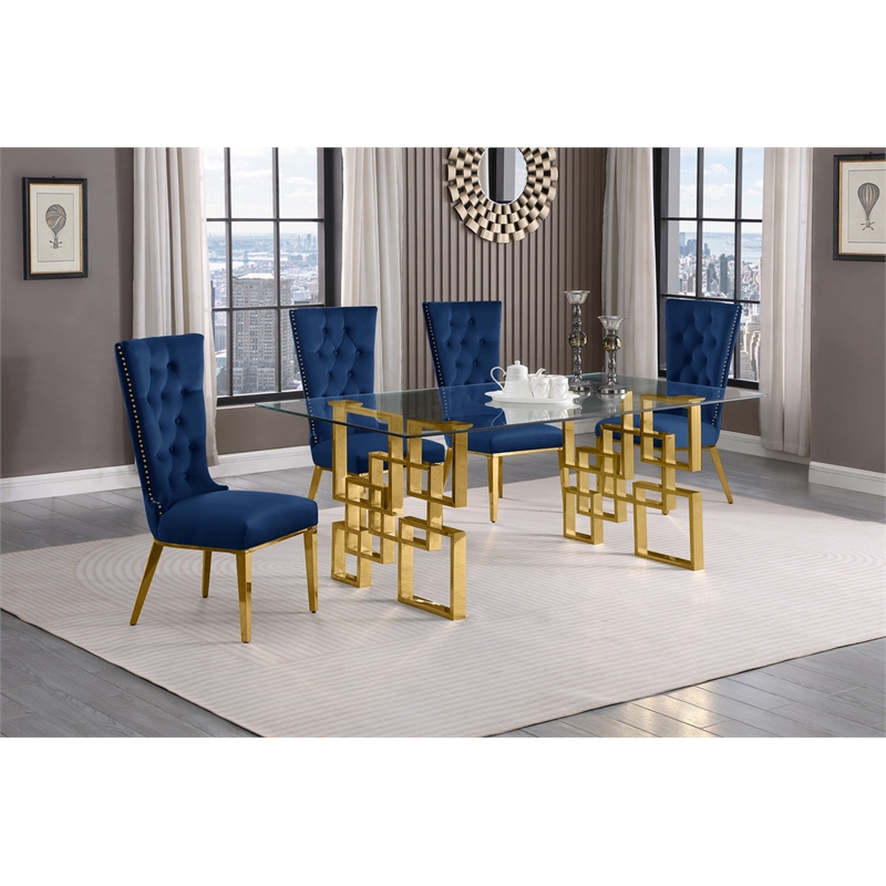 Best Quality Furniture 5pc Clear Glass Dining Set with Navy Blue Velvet Chairs