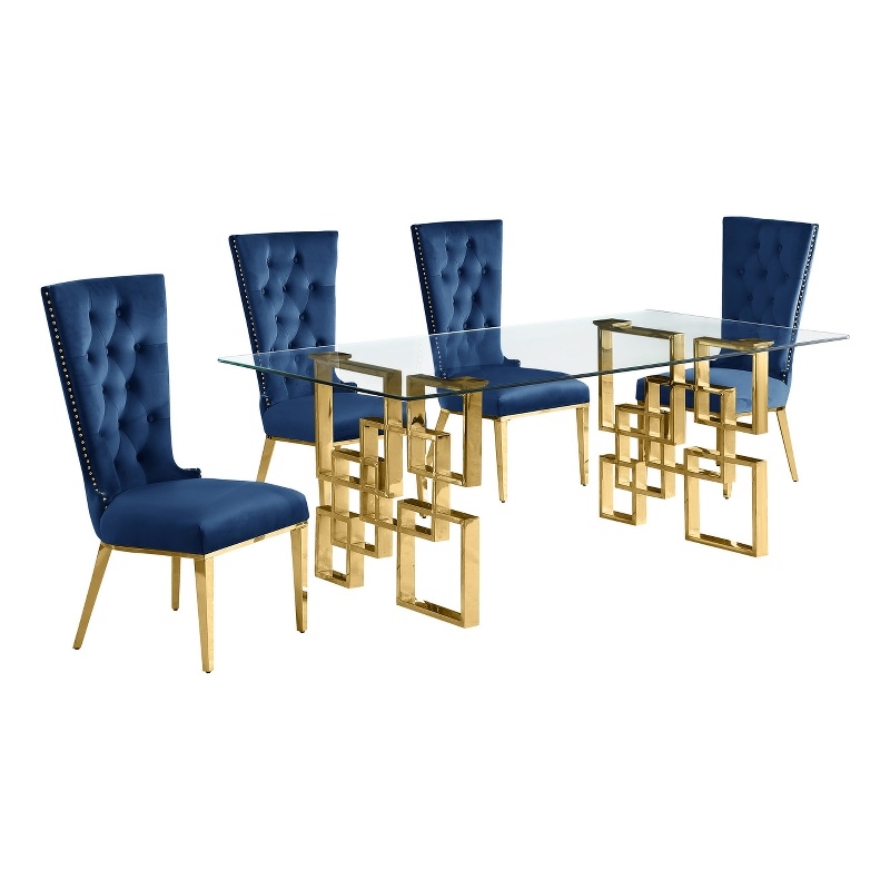 Best Quality Furniture 5pc Clear Glass Dining Set with Navy Blue Velvet Chairs