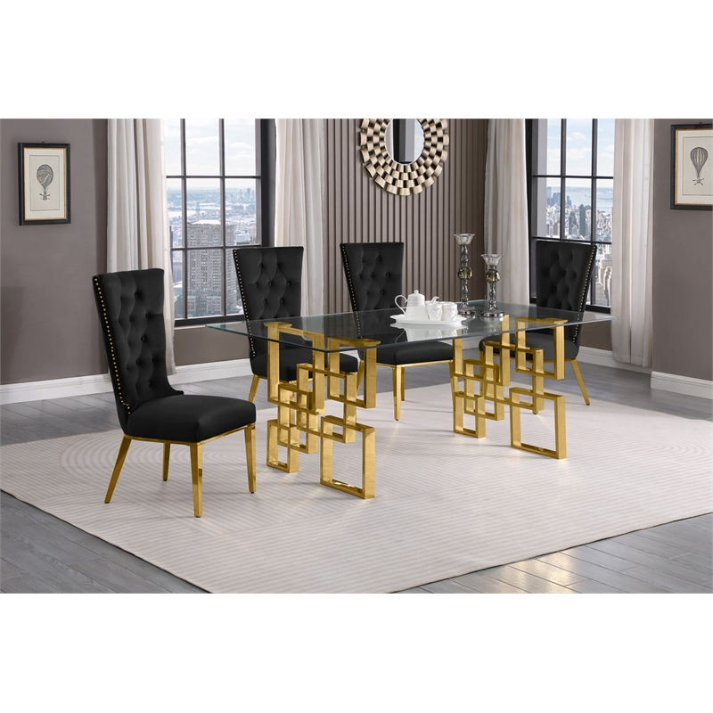 Best Quality Furniture 5pc Clear Glass Dining Set with Black Velvet Chairs