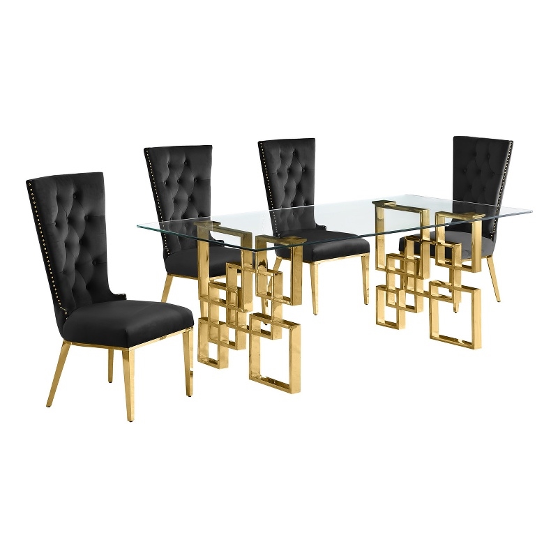 Best Quality Furniture 5pc Clear Glass Dining Set with Black Velvet Chairs