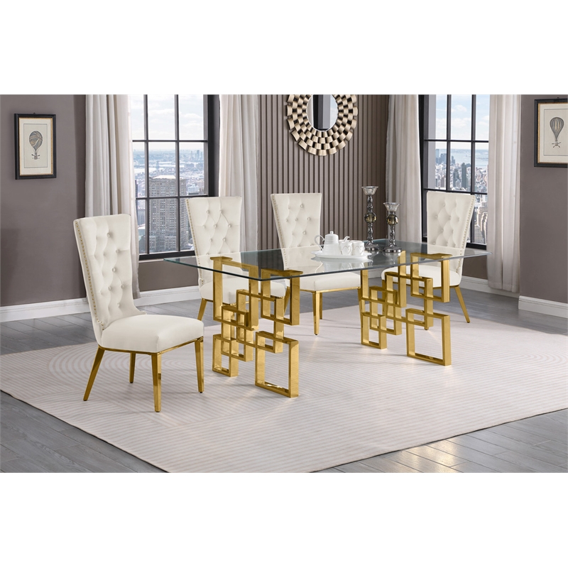 Best Quality Furniture 5pc Clear Glass Dining Set with Cream Velvet Chairs