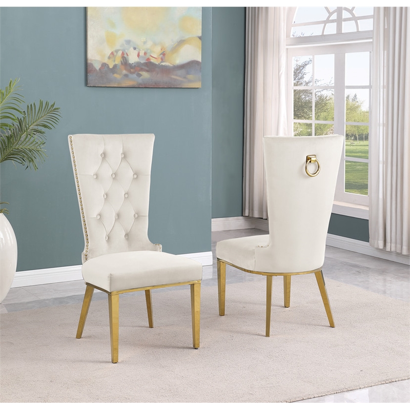 Best Quality Furniture 5pc Clear Glass Dining Set with Cream Velvet Chairs