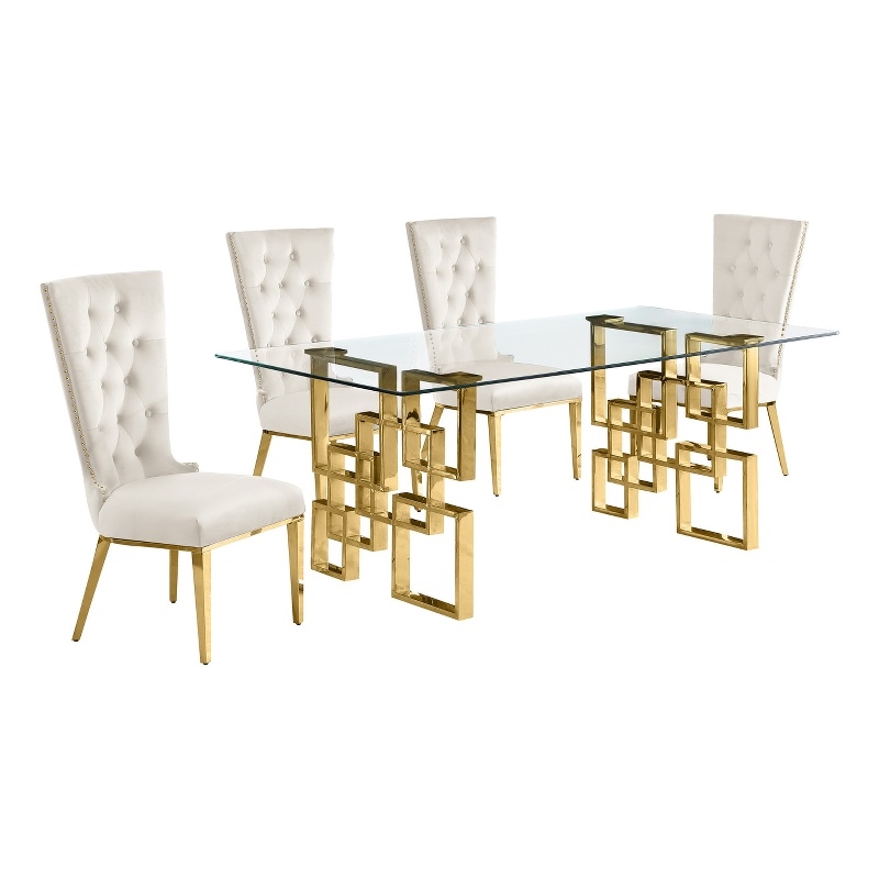 Best Quality Furniture 5pc Clear Glass Dining Set with Cream Velvet Chairs