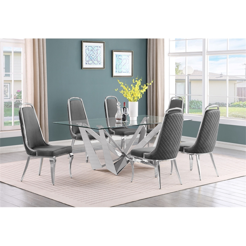 Best Quality Furniture 7pc Clear Glass Dining Set with Dark Gray Velvet Chairs