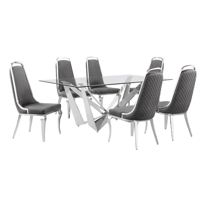 Best Quality Furniture 7pc Clear Glass Dining Set with Dark Gray Velvet Chairs