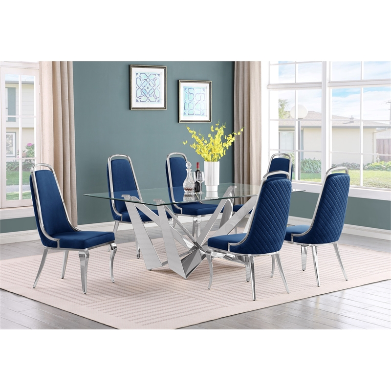 Best Quality Furniture 7pc Clear Glass Dining Set with Navy Blue Velvet Chairs