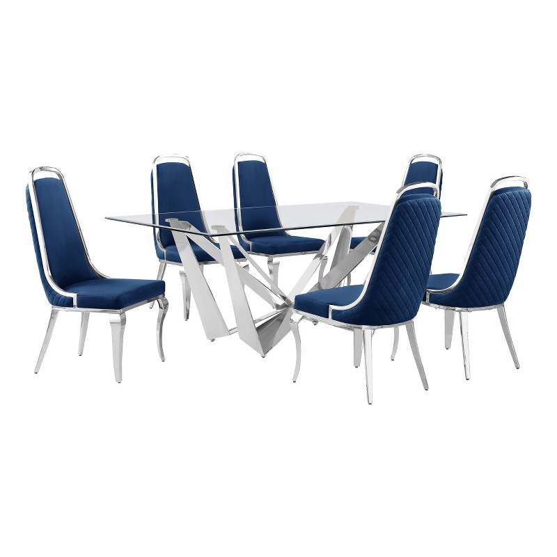 Best Quality Furniture 7pc Clear Glass Dining Set with Navy Blue Velvet Chairs