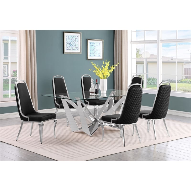 Best Quality Furniture 7pc Clear Glass Dining Set with Black Velvet Chairs