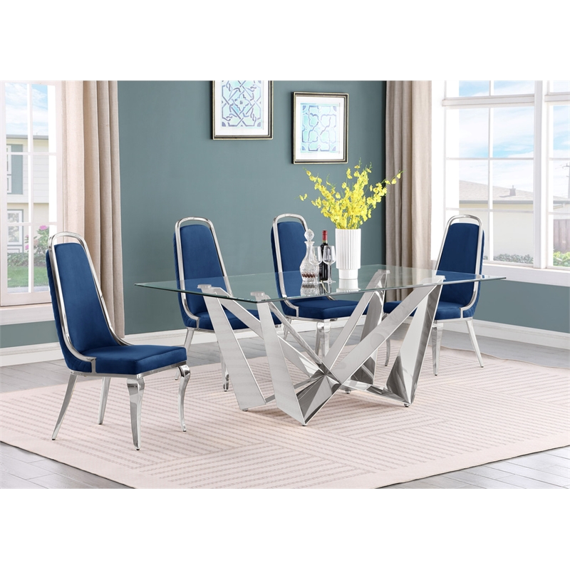 Best Quality Furniture 5pc Clear Glass Dining Set with Navy Blue Velvet Chairs