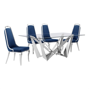 Best Quality Furniture 5pc Clear Glass Dining Set with Navy Blue Velvet Chairs