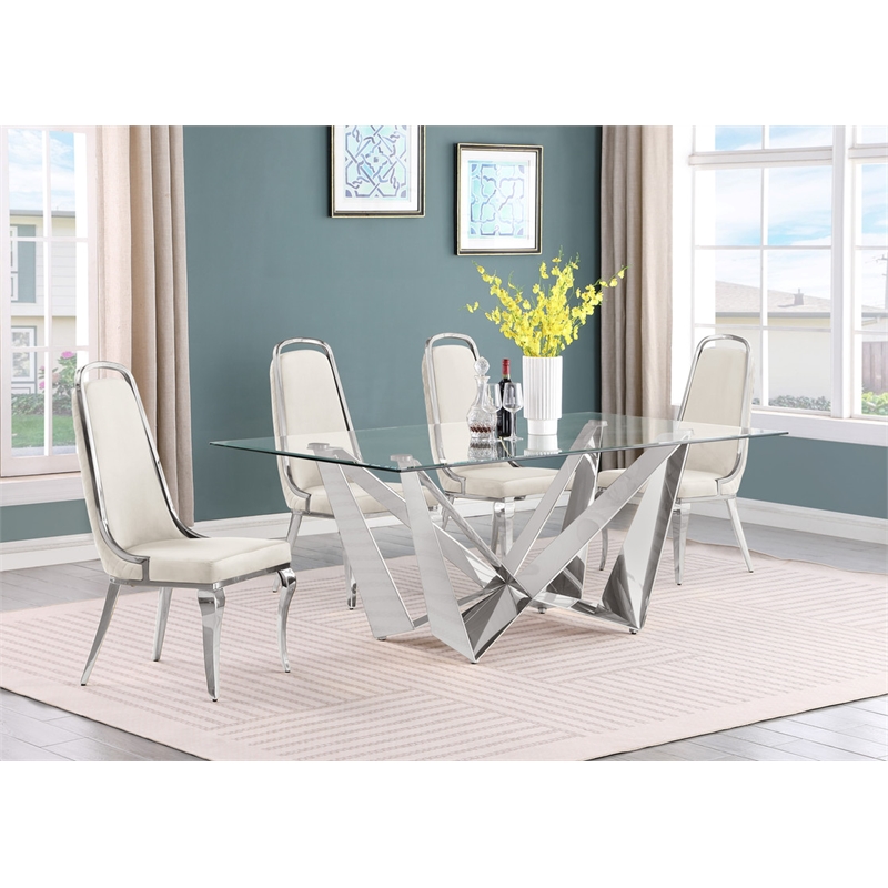 Best Quality Furniture 5pc Clear Glass Dining Set with Cream Velvet Chairs