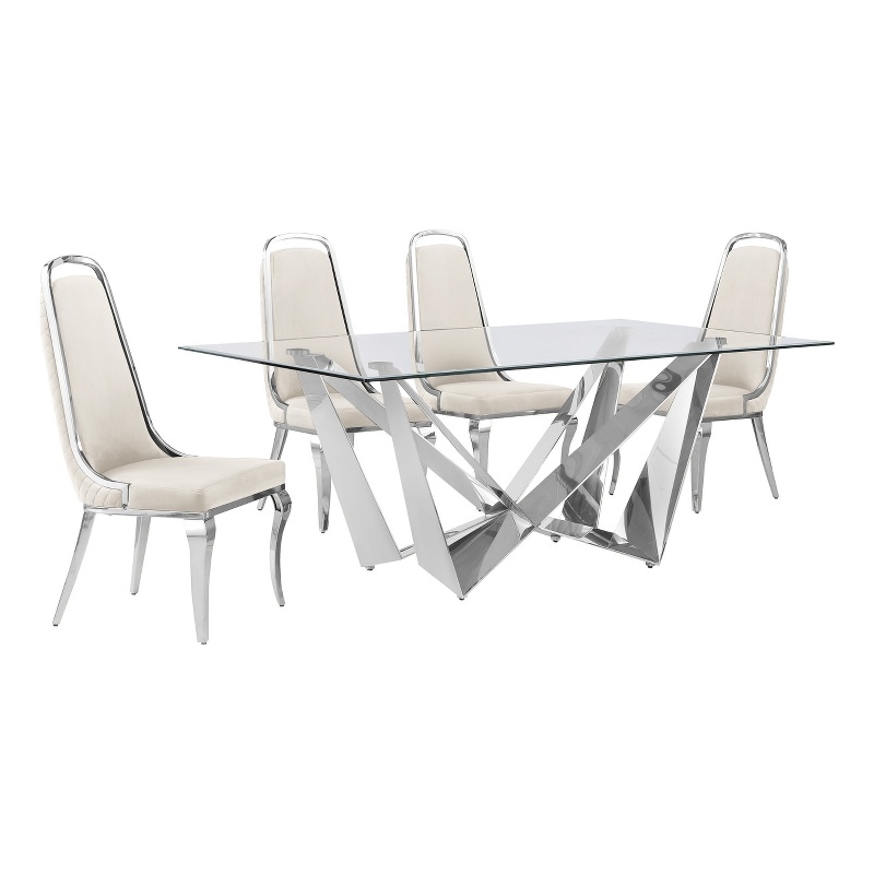 Best Quality Furniture 5pc Clear Glass Dining Set with Cream Velvet Chairs