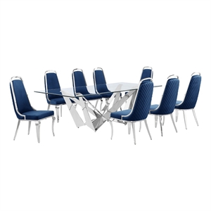 Best Quality Furniture 9pc Clear Glass Dining Set with Navy Blue Velvet Chairs