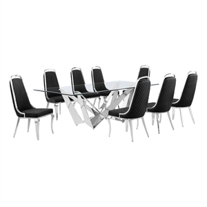 Best Quality Furniture 9pc Clear Glass Dining Set with Black Velvet Chairs