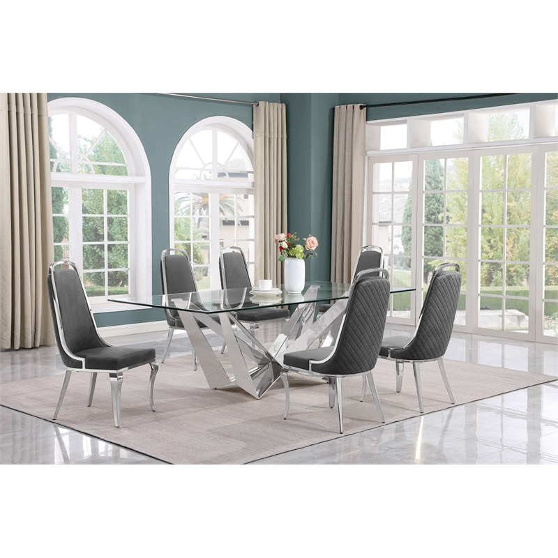 Best Quality Furniture 7pc Clear Glass Dining Set with Dark Gray Velvet Chairs