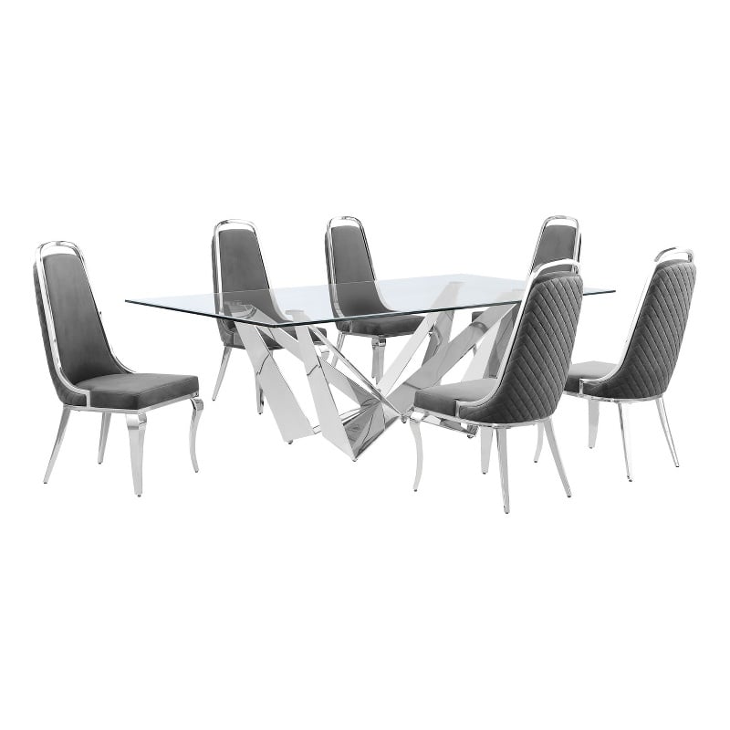Best Quality Furniture 7pc Clear Glass Dining Set with Dark Gray Velvet Chairs