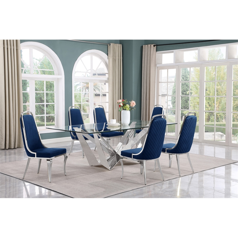 Best Quality Furniture 7pc Clear Glass Dining Set with Navy Blue Velvet Chairs
