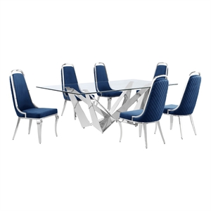 Best Quality Furniture 7pc Clear Glass Dining Set with Navy Blue Velvet Chairs