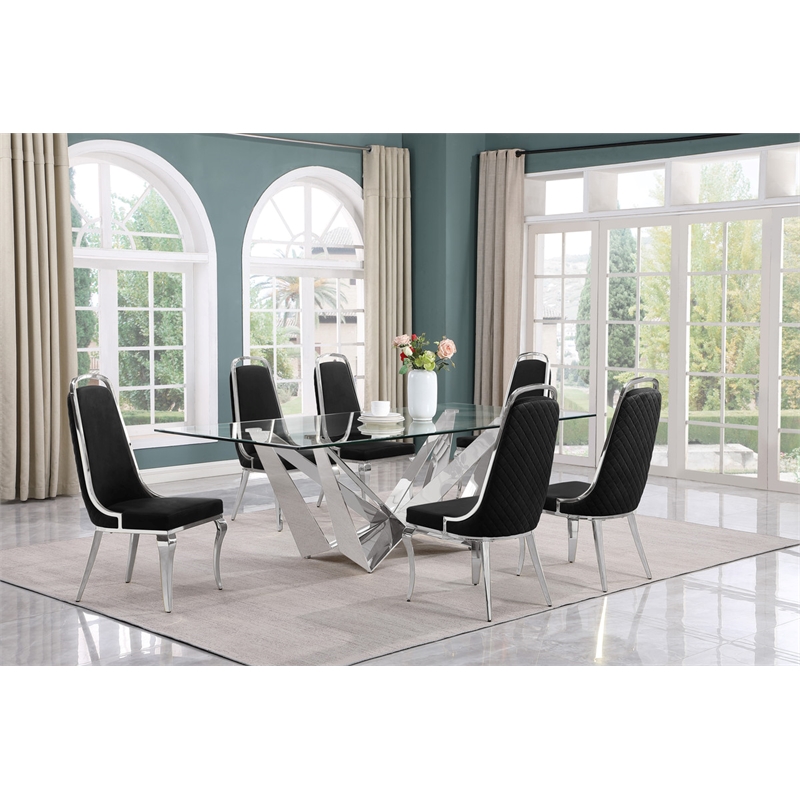 Best Quality Furniture 7pc Clear Glass Dining Set with Black Velvet Chairs