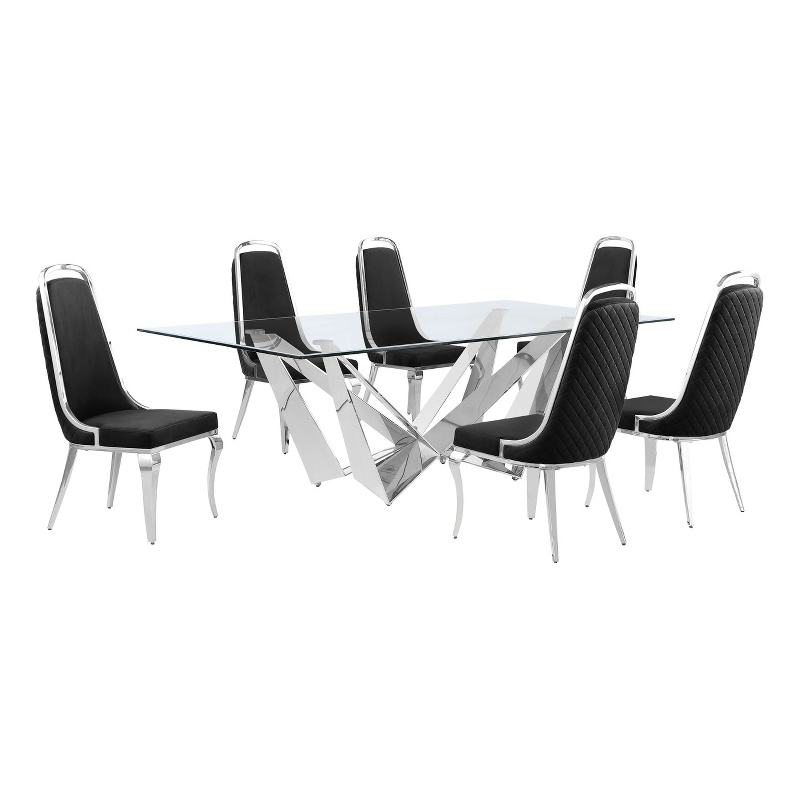 Best Quality Furniture 7pc Clear Glass Dining Set with Black Velvet Chairs