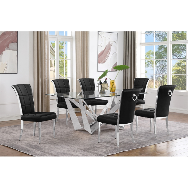 Best Quality Furniture 7pc Clear Glass Dining Set with Black Velvet Chairs