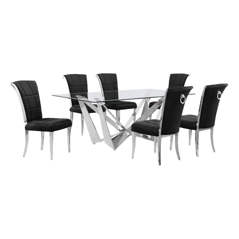 Best Quality Furniture 7pc Clear Glass Dining Set with Black Velvet Chairs