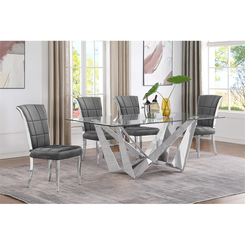 Best Quality Furniture 5pc Clear Glass Dining Set with Dark Gray Velvet Chairs