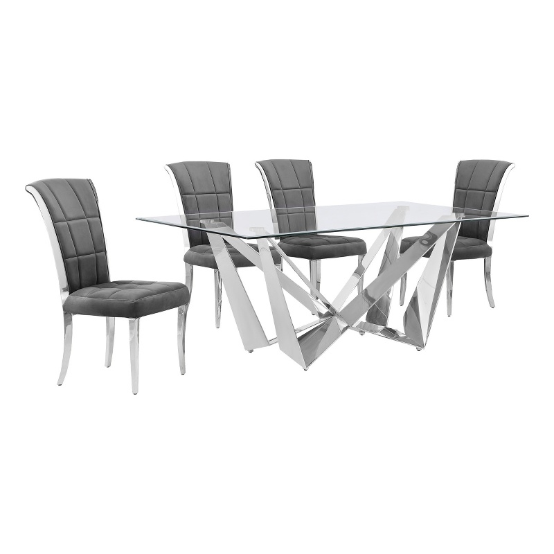 Best Quality Furniture 5pc Clear Glass Dining Set with Dark Gray Velvet Chairs