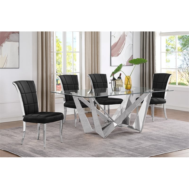 Best Quality Furniture 5pc Clear Glass Dining Set with Black Velvet Chairs