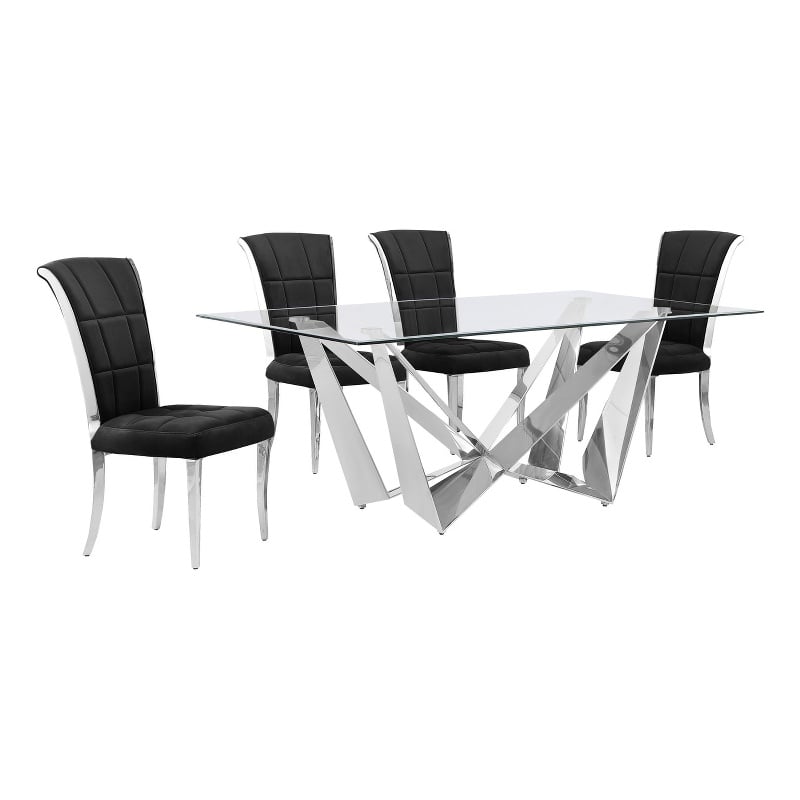 Best Quality Furniture 5pc Clear Glass Dining Set with Black Velvet Chairs