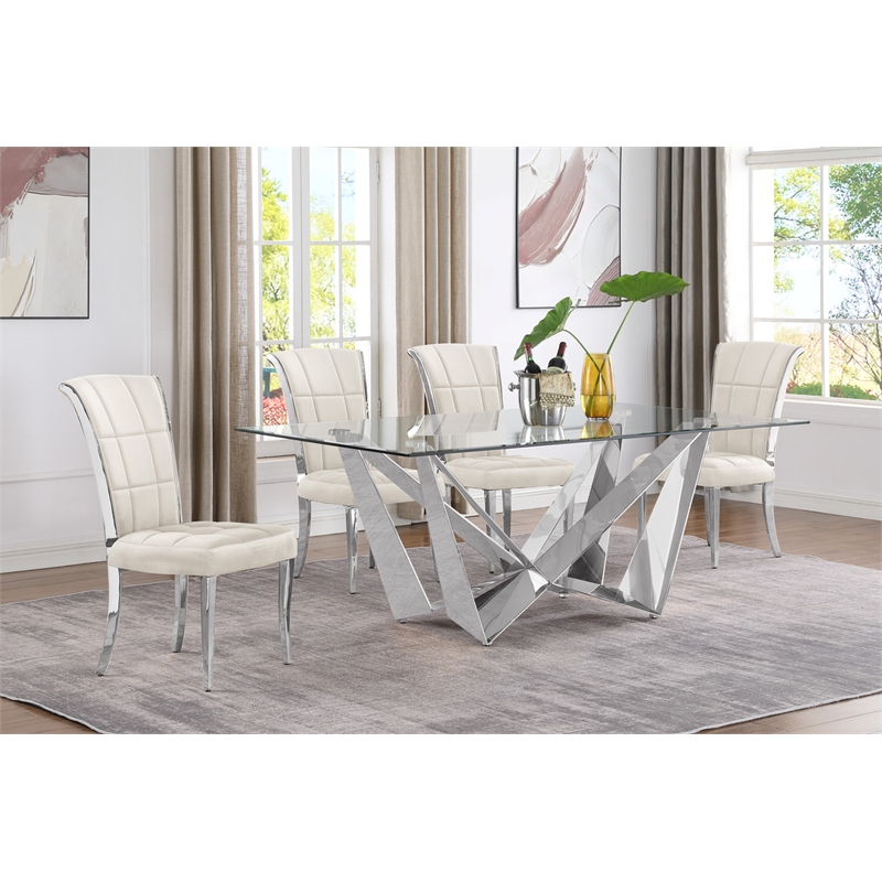 Best Quality Furniture 5pc Clear Glass Dining Set with Cream Velvet Chairs
