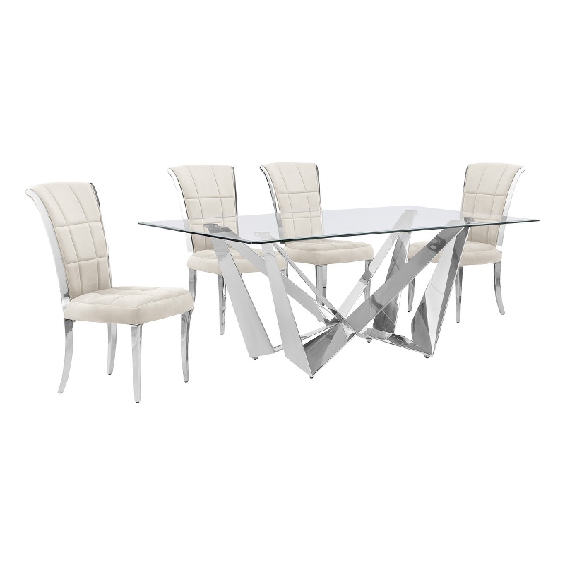 Best Quality Furniture 5pc Clear Glass Dining Set with Cream Velvet Chairs