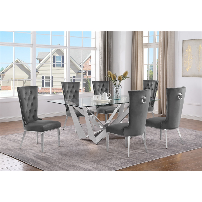 Best Quality Furniture 7pc Clear Glass Dining Set with Dark Gray Velvet Chairs