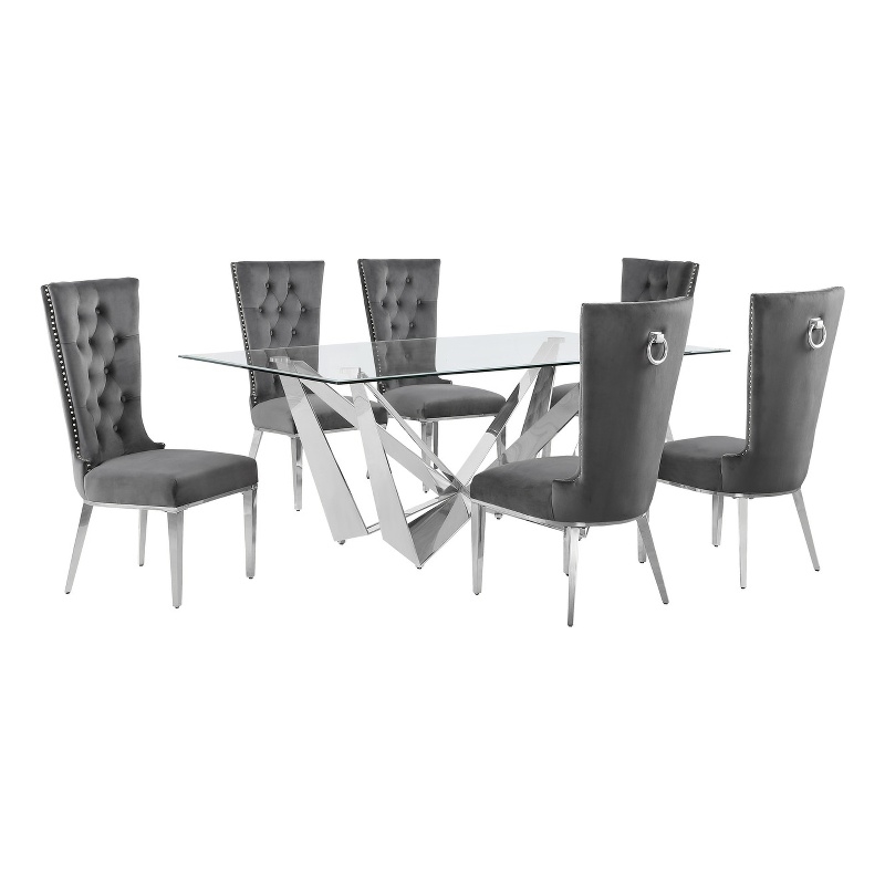 Best Quality Furniture 7pc Clear Glass Dining Set with Dark Gray Velvet Chairs