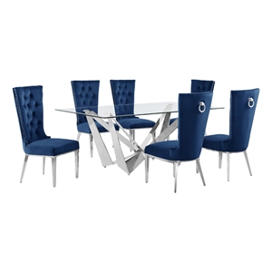 Best Quality Furniture 7pc Clear Glass Dining Set with Navy Blue Velvet Chairs