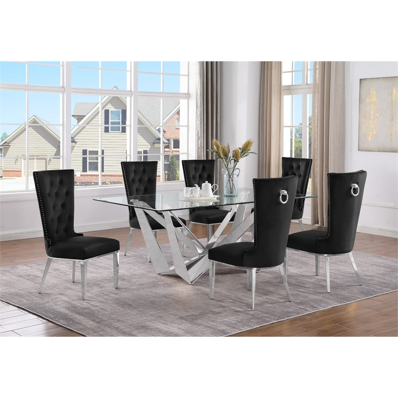Best Quality Furniture 7pc Clear Glass Dining Set with Black Velvet Chairs