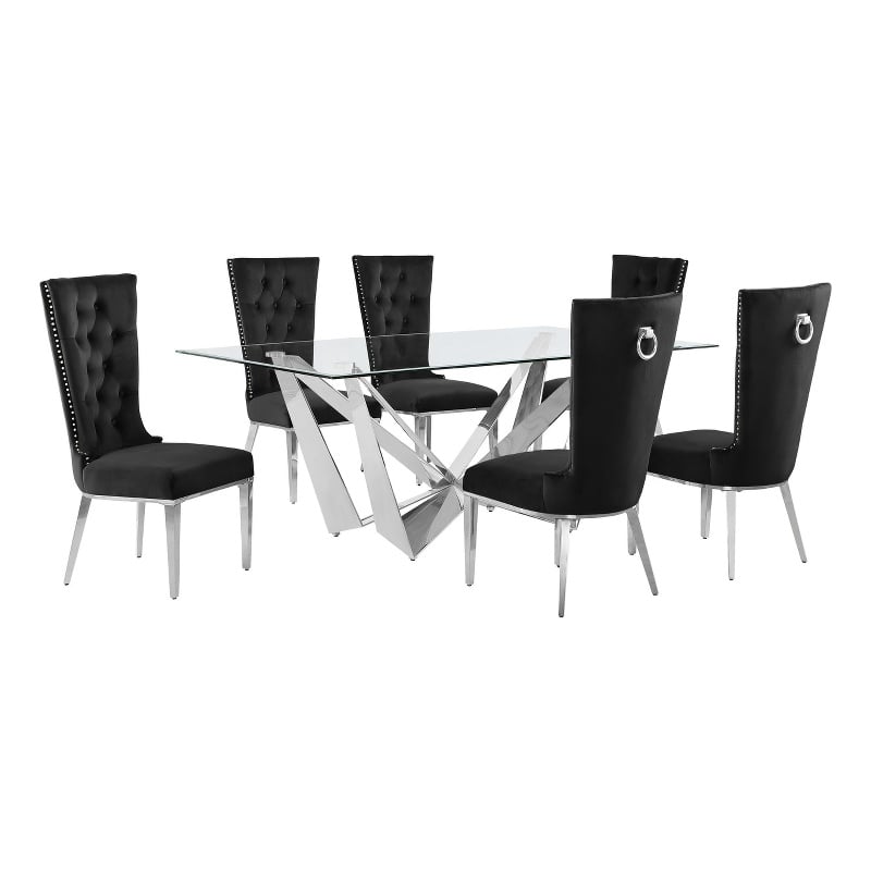 Best Quality Furniture 7pc Clear Glass Dining Set with Black Velvet Chairs