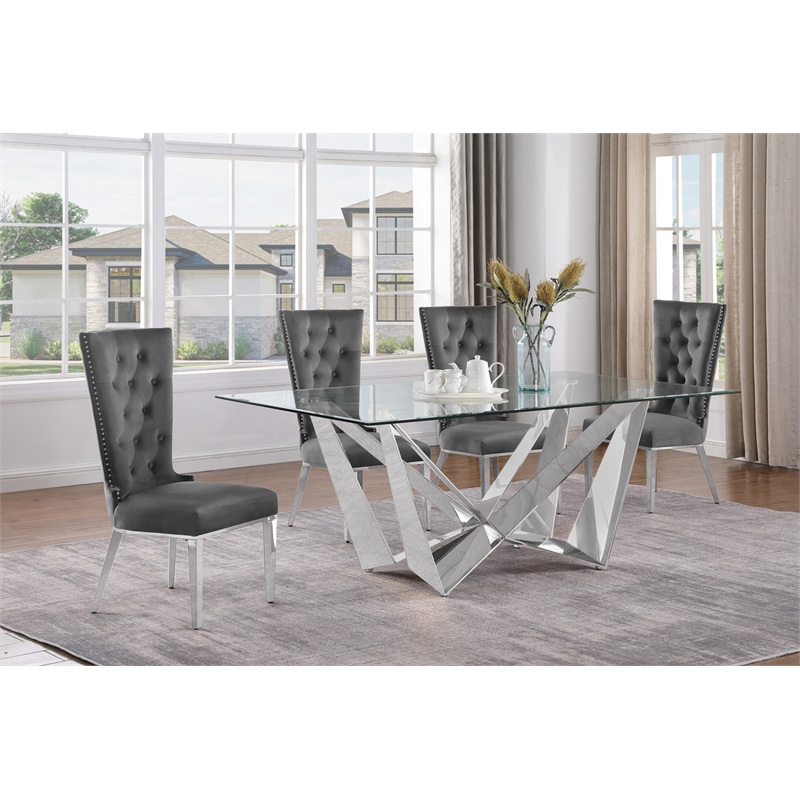 Best Quality Furniture 5pc Clear Glass Dining Set with Dark Gray Velvet Chairs
