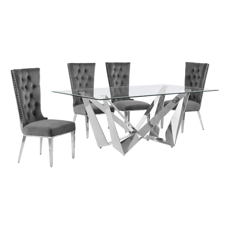 Best Quality Furniture 5pc Clear Glass Dining Set with Dark Gray Velvet Chairs