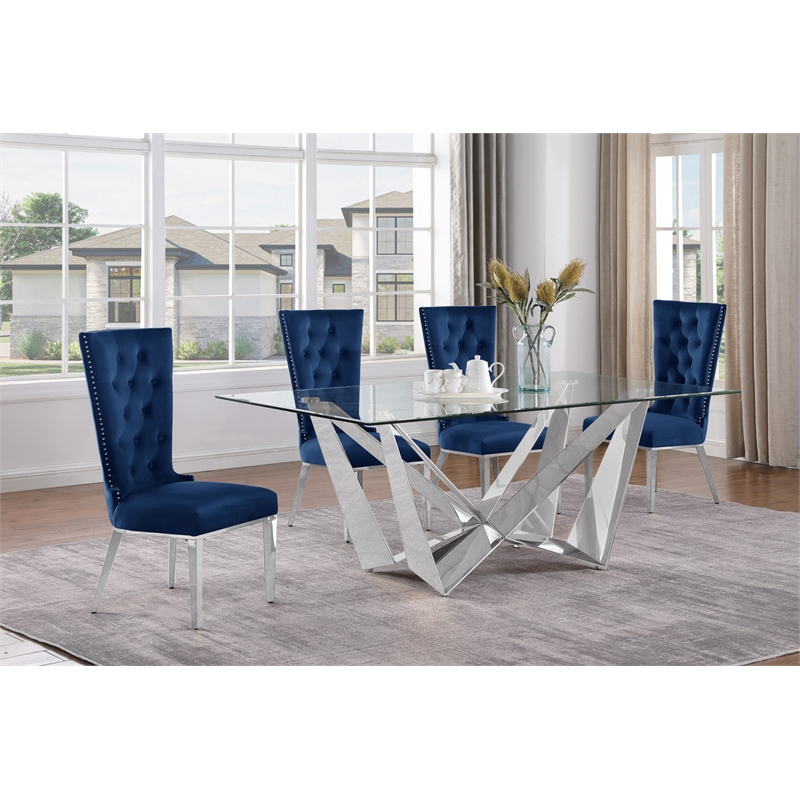 Best Quality Furniture 5pc Clear Glass Dining Set with Navy Blue Velvet Chairs