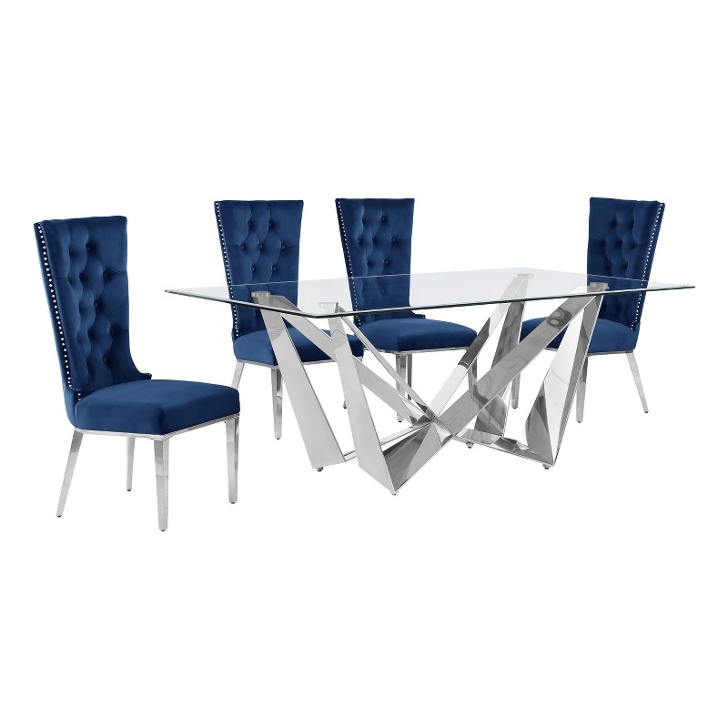 Best Quality Furniture 5pc Clear Glass Dining Set with Navy Blue Velvet Chairs
