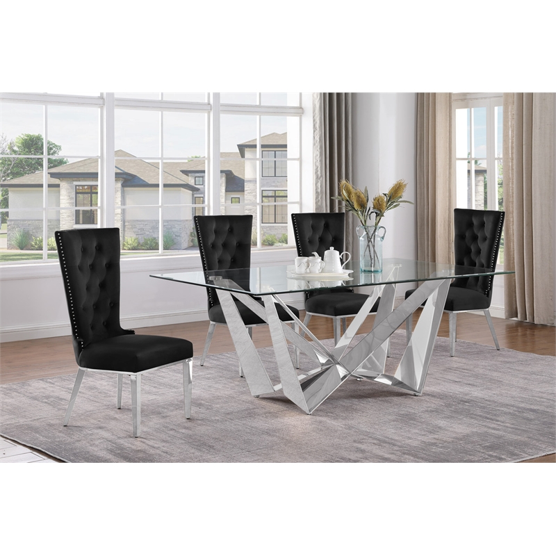 Best Quality Furniture 5pc Clear Glass Dining Set with Black Velvet Chairs