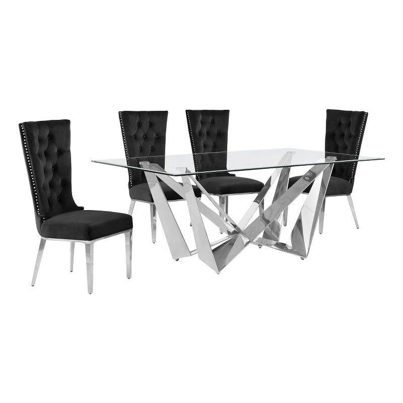 Best Quality Furniture 5pc Clear Glass Dining Set with Black Velvet Chairs