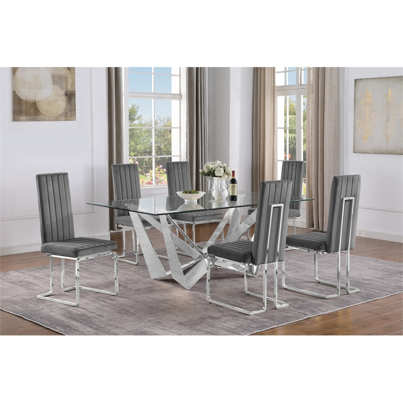 Best Quality Furniture 7pc Clear Glass Dining Set with Dark Gray Velvet Chairs