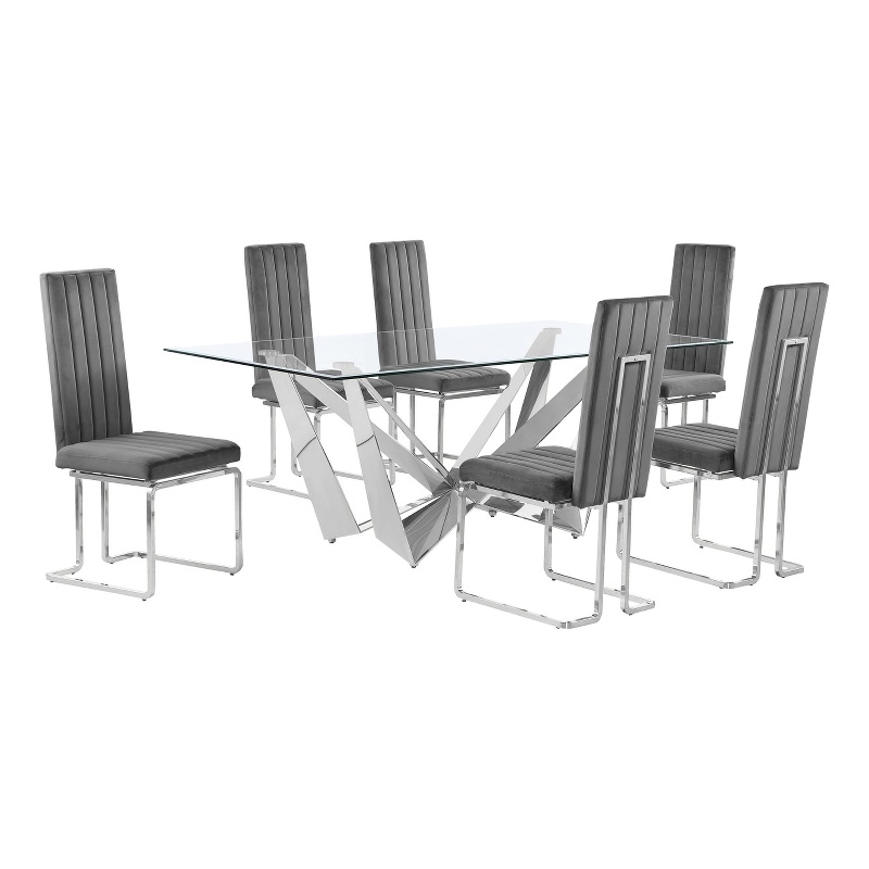 Best Quality Furniture 7pc Clear Glass Dining Set with Dark Gray Velvet Chairs