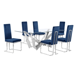Best Quality Furniture 7pc Clear Glass Dining Set with Navy Blue Velvet Chairs