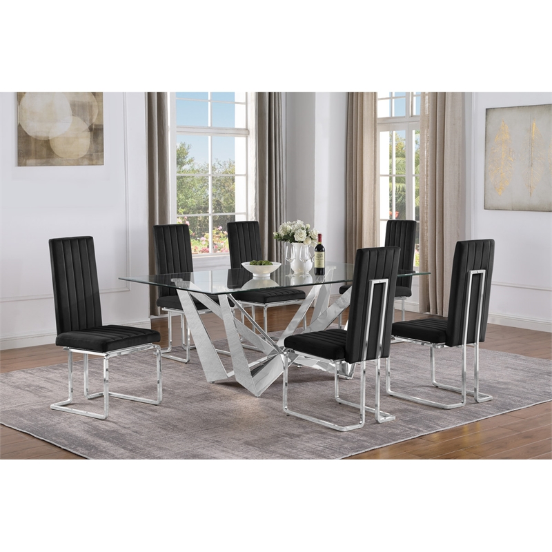 Best Quality Furniture 7pc Clear Glass Dining Set with Black Velvet Chairs