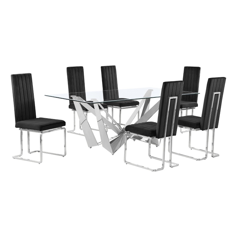 Best Quality Furniture 7pc Clear Glass Dining Set with Black Velvet Chairs