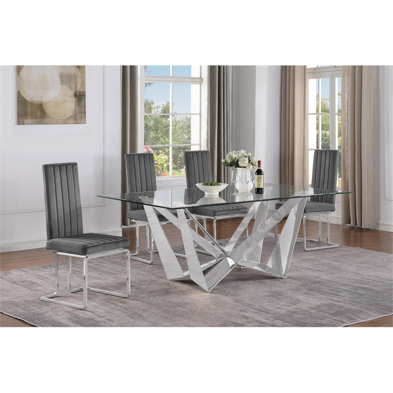 Best Quality Furniture 5pc Clear Glass Dining Set with Dark Gray Velvet Chairs